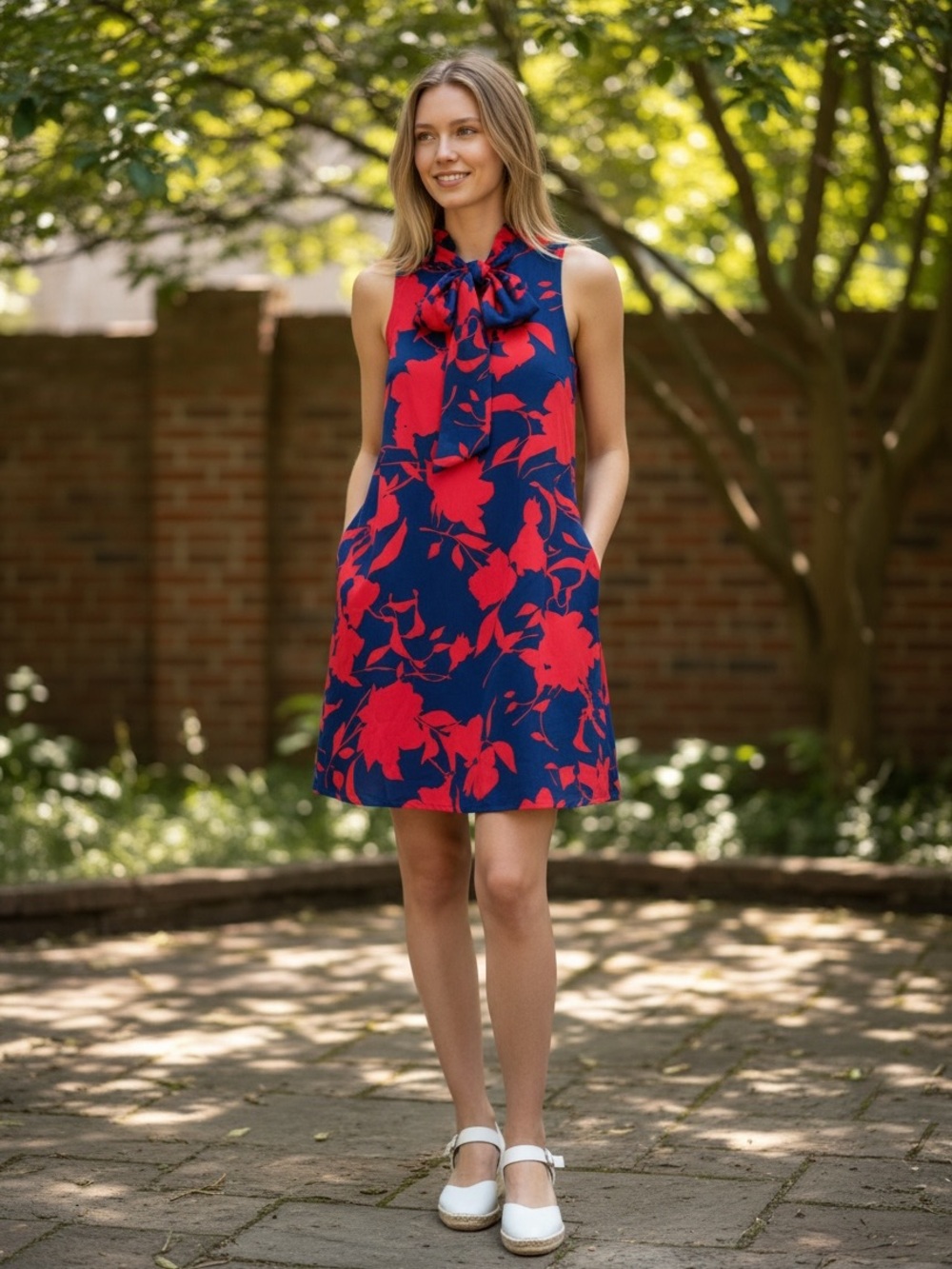 Gibson Navy and Red Shift Dress with Pockets and Floral Bow Neck